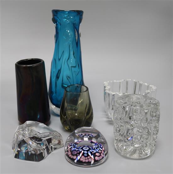 A Whitefriars paperweight, two vases and other Art glass